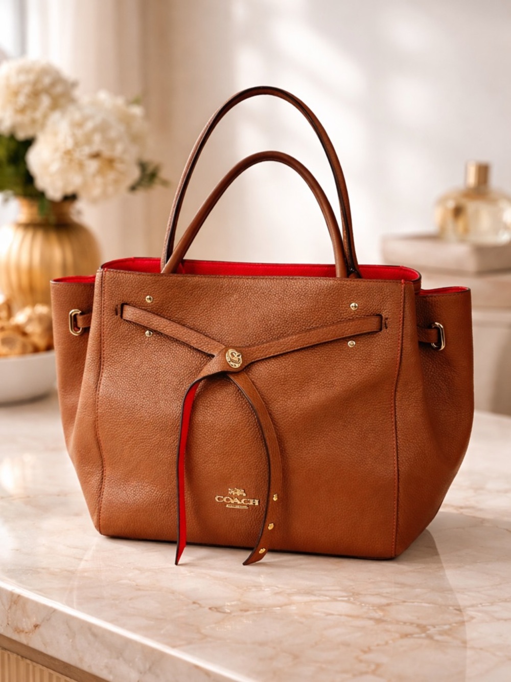 Coach Turnlock Tie Tote Saddle Brown Contrast Orange - GORGEOUS CONDITION!